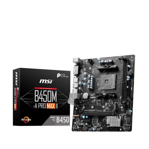 MSI B450M-A PRO MAX II Motherboard, mATX -- Supports AMD Ryzen™ 5000 / 3000 / 2000 / 1000 Series, 5000 / 4000 / 3000 / 2000 G-Series, Desktop Processor and Athlon™ with Radeon™ Vega Graphics desktop processors, Socket AM4 -- DDR4