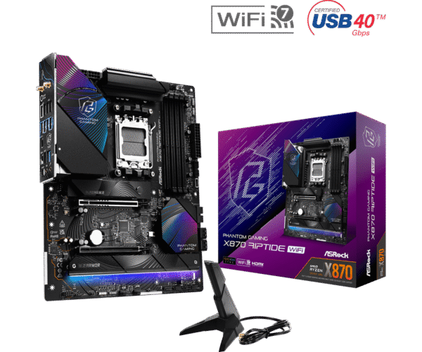 ASRock Phantom Gaming X870 Riptide WiFi 7 AMD Ryzen Socket AM5 ATX Motherboard DDR5 DIMMs 8000 MHz 256 GB USB4 M.2 SATA3 6.0 Gb/s
