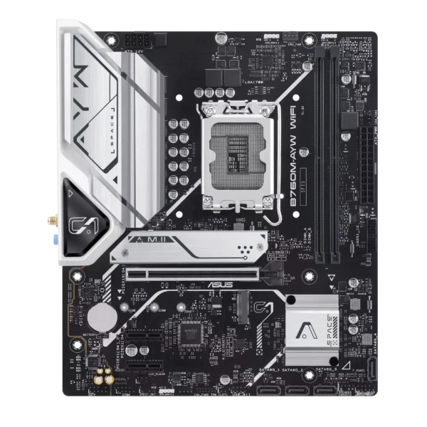 ASUS B760M-AYW WiFi, an Intel B760 LGA 1700 mATX Motherboard with PCIe 4.0, Two PCIe 4.0 M.2 Slots, DDR5, Realtek 2.5Gb Ethernet, WiFi 6, HDMI, SATA 6 Gbps, Front USB 3.2 Gen 1, Aura Sync