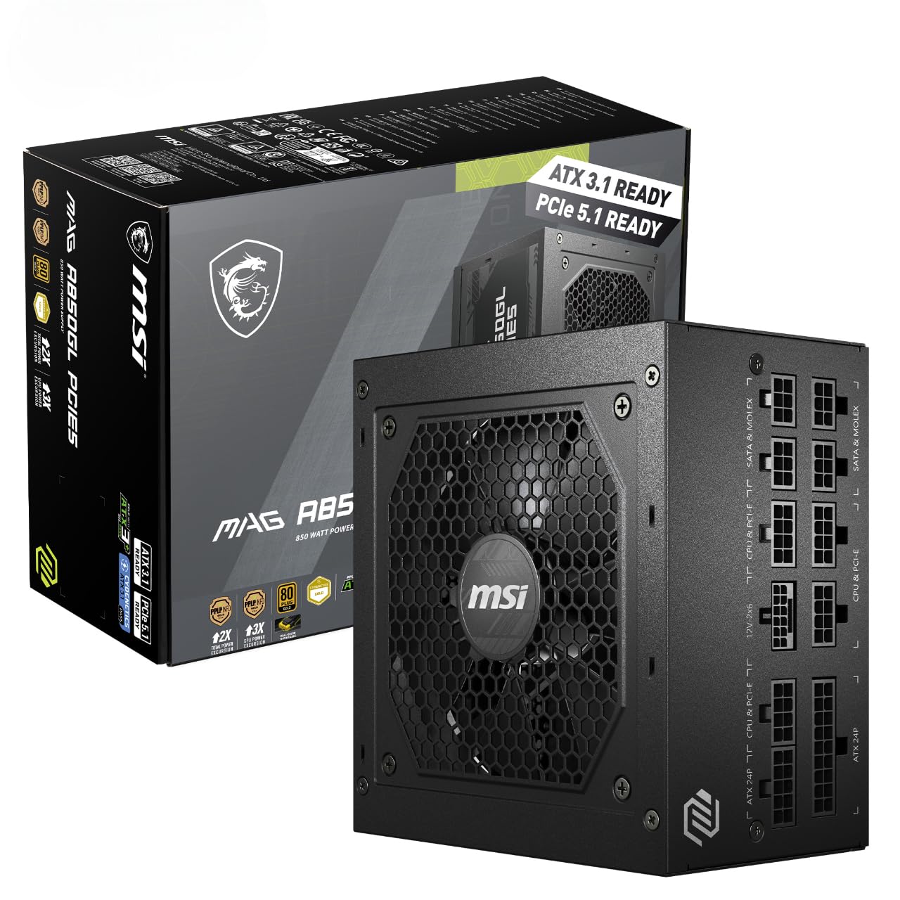 MSI MAG A850GL PCIe 5 850W 80 Plus Gold Fully Modular ATX 3.1 Power Supply